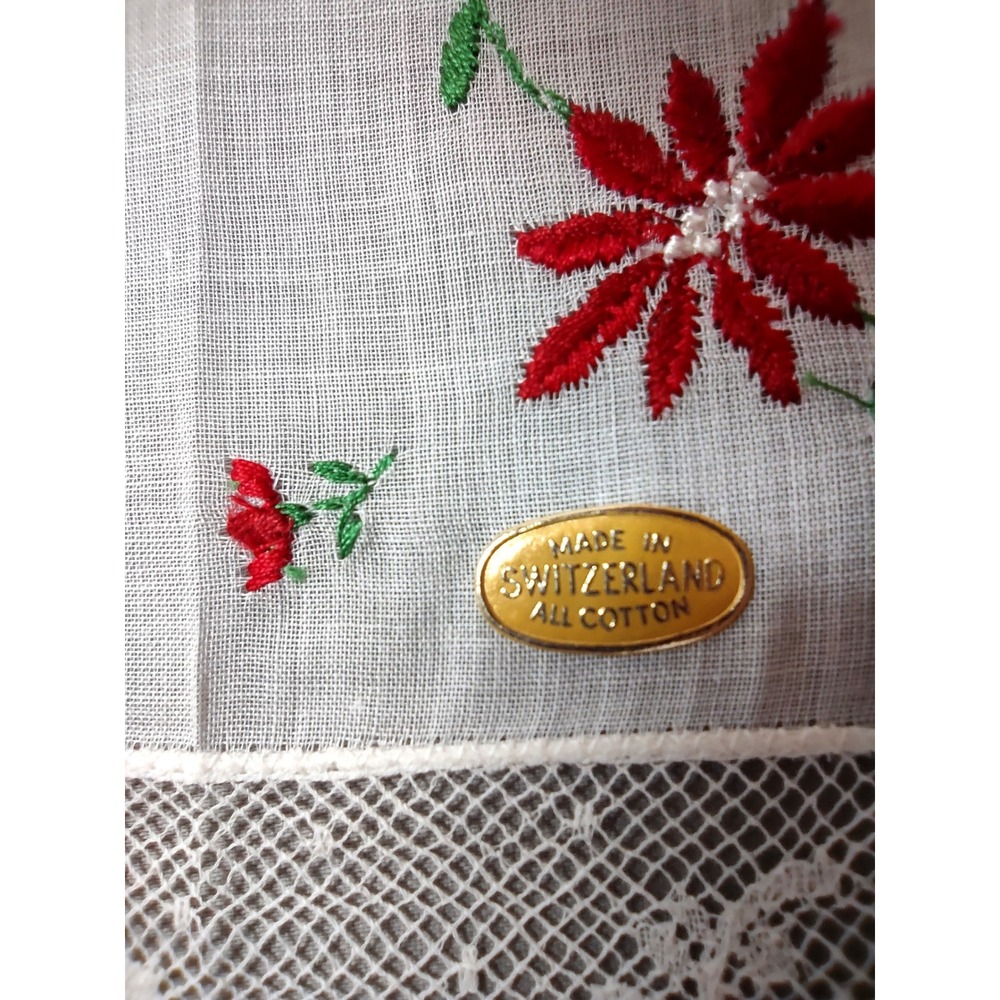 Vtg Swiss Cotton Handkerchief Red Poinsettia Embroidery White Lace Trim 12x12 - Picture 3 of 5